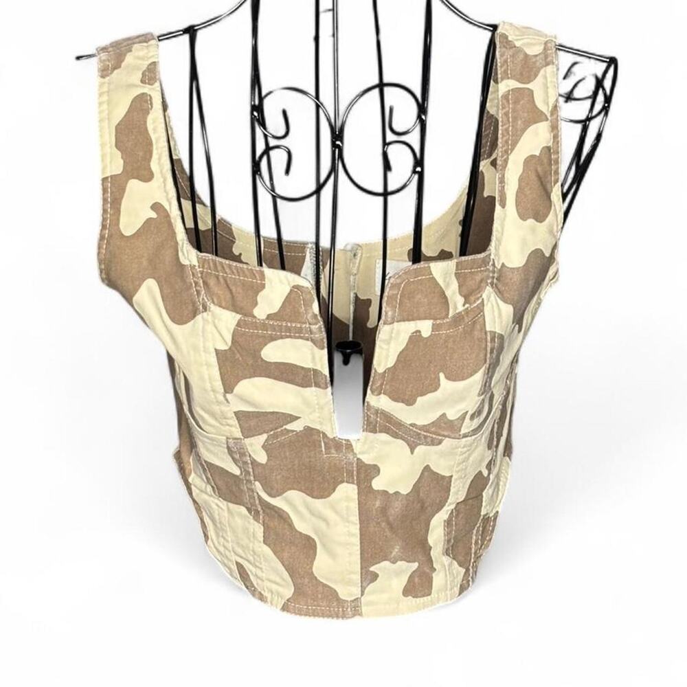 Love + Harmony Tan Cow Print Corset Crop Top V-Neck - Size Medium